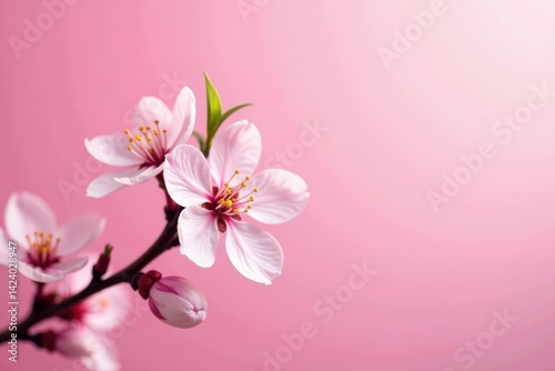 Delicate pink cherry blossom branches, close-up view against a soft pink backdrop , pink background, delicate flowers, romantic
