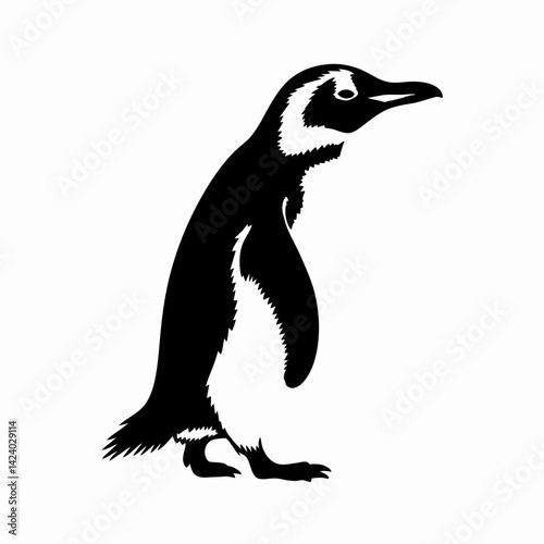Detailed Black & White Penguin Silhouette Illustration, Isolated