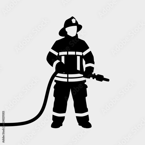 Firefighter Silhouette with Hose: Emergency Services Vector Graphic
