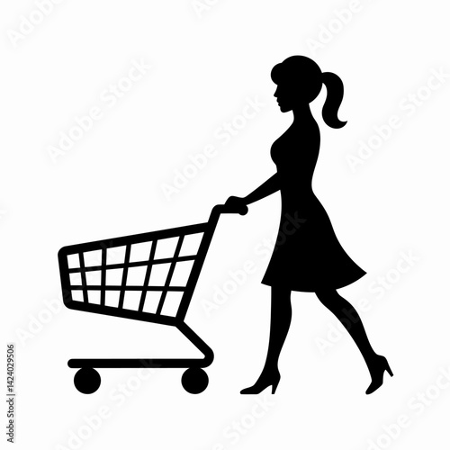 Woman Silhouette Pushing Shopping Cart - Retail, Consumerism Vector Graphic