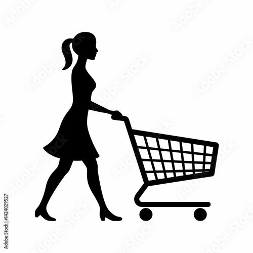 Woman Pushing Shopping Cart Silhouette, Retail Concept Illustration