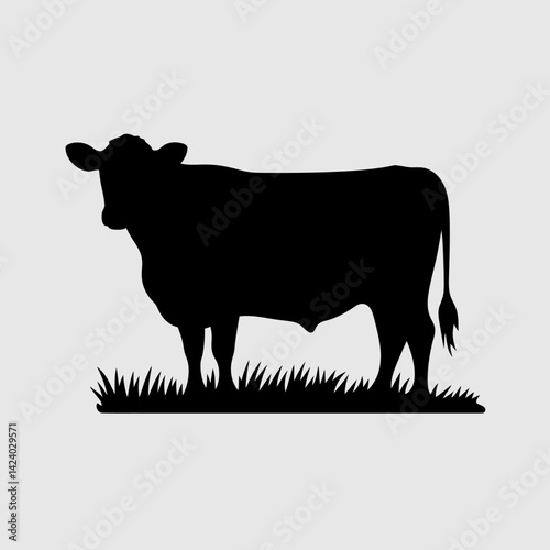 Silhouette of Standing Cow on Grass. Farm Animal Vector Design