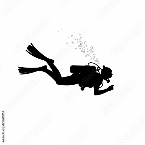 Silhouette of a scuba diver swimming underwater, with bubbles around