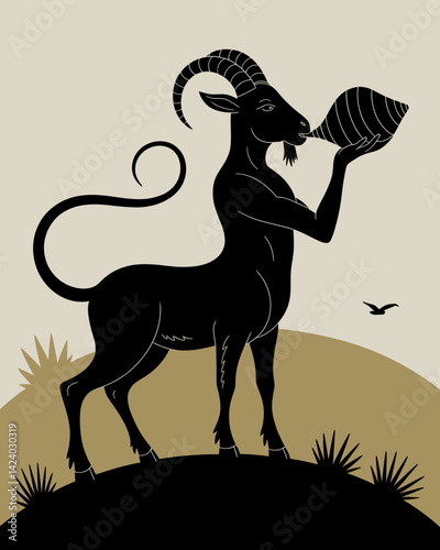 Capricorn Silhouette: Sea Goat Blowing Horn on Hill, Astrology Art