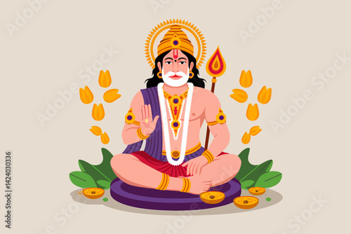 Lord Hanuman Illustration with Mace and Lotus Flowers Offering Blessings