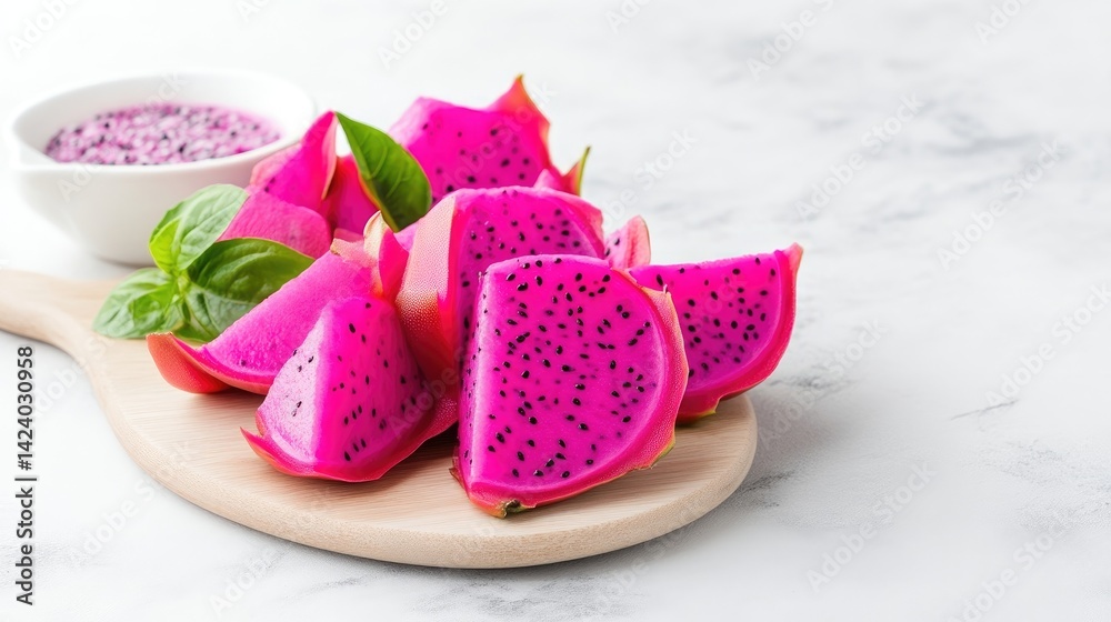 Freshly sliced dragon fruit segments on a wooden board. A small bowl of a sprinkle is beside the fruit Freshly sliced dragon fruit segments on a wooden board. A small bowl of a sprinkle is beside the fruit