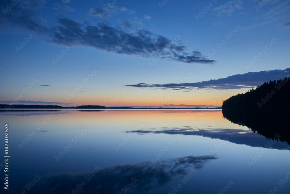Fototapeta premium Landscape white nights on the lake with mirror reflections
