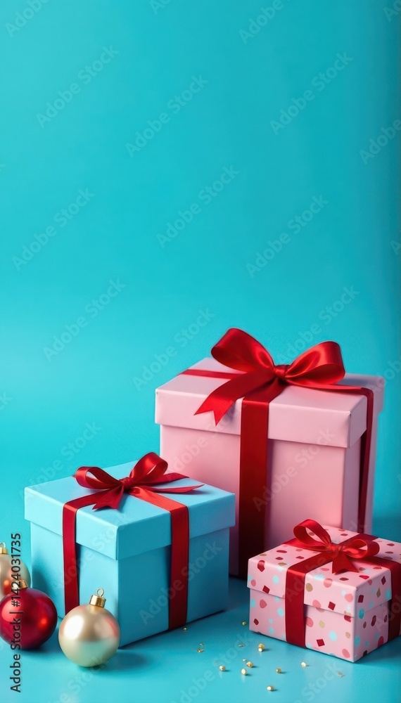 Obraz premium Happy birthday & holidays gift boxes, accessories Blue background, copy space , bow, blue, visual