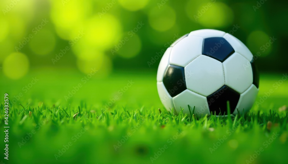 Fototapeta premium Lush green lawn texture, soccer ball nestled in perfect turf , close-up, outdoor