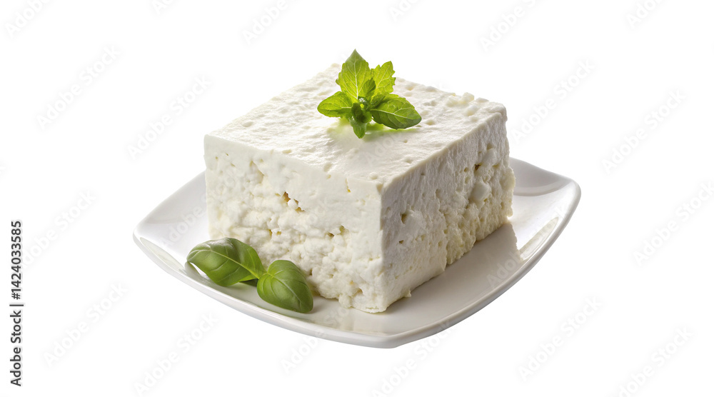 A fresh cube of feta cheese topped with mint on a plate A fresh cube of feta cheese topped with mint on a plate
