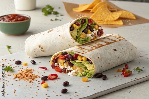 A burrito cut in half sitting on a table. Generative AI image.