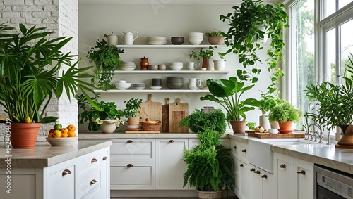 Lush plants and clean counters bring freshness to the kitchen