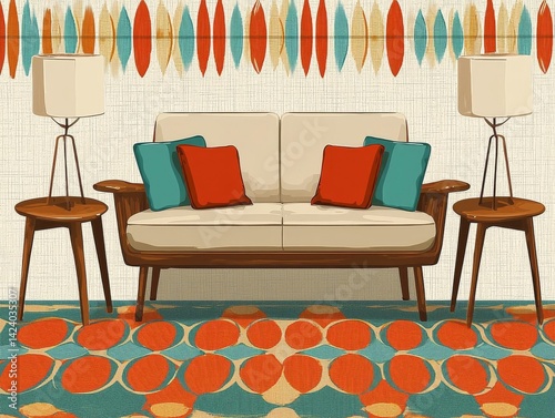 Mid-Century Modern Living Room: Sofa, Teal, Orange Decor, and Floor Lamps