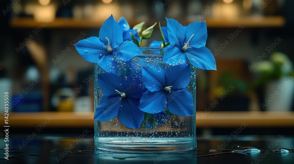 Vibrant blue flowers in a clear glass vase