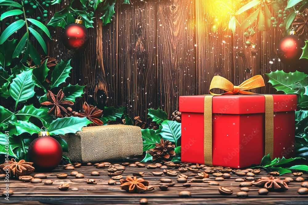 A Festive Christmas Gift Surrounded by Beautiful Nature and Cheerful Celebrations