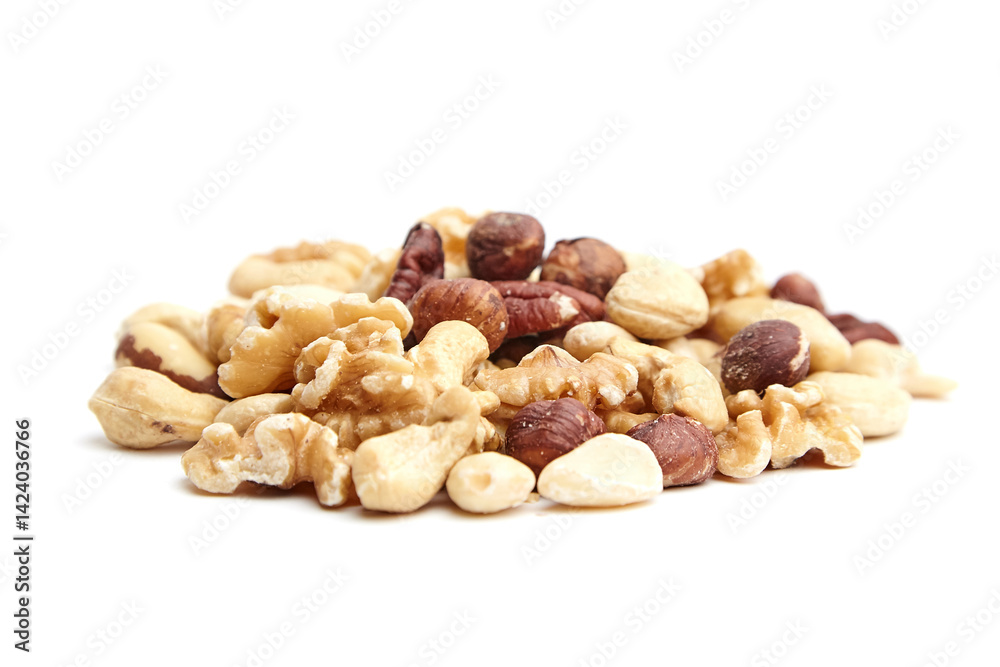 A pile of mixed nuts featuring walnuts, hazelnuts, cashews, and macadamia on a clean white background, emphasizing variety and natural textures A pile of mixed nuts featuring walnuts, hazelnuts, cashews, and macadamia on a clean white background, emphasizing variety and natural textures