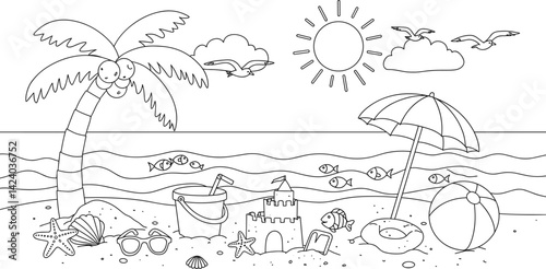  size coloring page for kids or adults. summer beach scene
