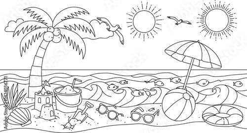  size coloring page for kids or adults. summer beach scene
