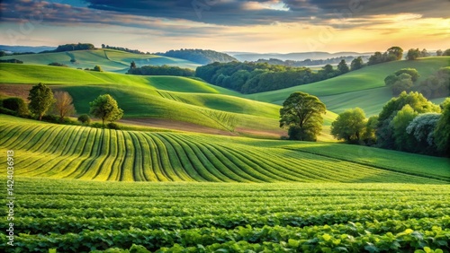 Wallpaper Mural Rolling hills covered in a sea of green with rows of soybean plants swaying gently in the breeze, surrounded by wildflowers and trees , natural scenery, agriculture Torontodigital.ca