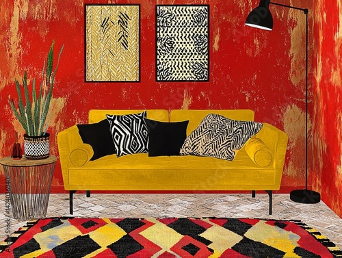 Vibrant Interior Design: Yellow Sofa, Graphic Prints, and Red Wall