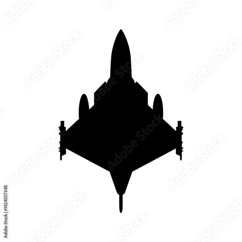 Black silhouette of a fighter jet perfect for militarythemed designs, aviation presentations, or any project needing a powerful aerial graphic.