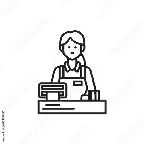 Cashier icon character standing behind a register on a plain background  