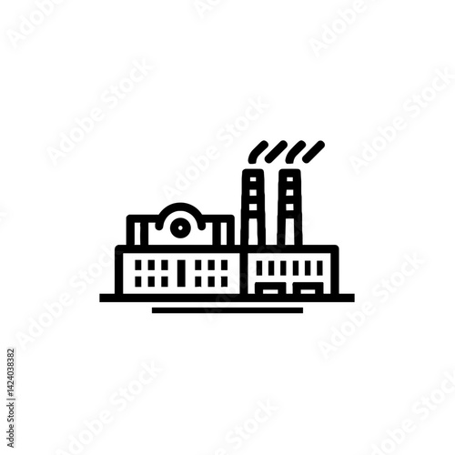 Minimalist black line art factory icon on a transparent background  