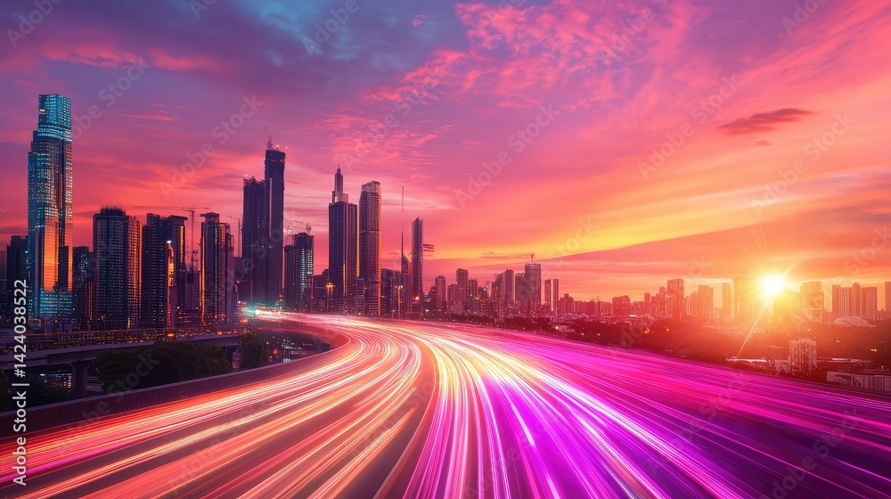 Fototapeta premium Futuristic speed burst on city highway with laser trails and motion glow