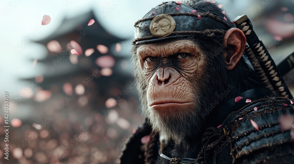 A determined monkey warrior adorned with intricate headgear showcases a fierce expression, set against a dreamlike cherry blossom backdrop, evoking a sense of strength. A determined monkey warrior adorned with intricate headgear showcases a fierce expression, set against a dreamlike cherry blossom backdrop, evoking a sense of strength.