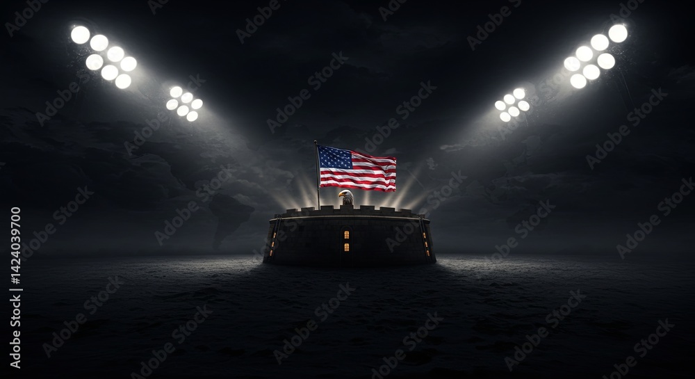 A large American flag is lit up in the dark resistance trade