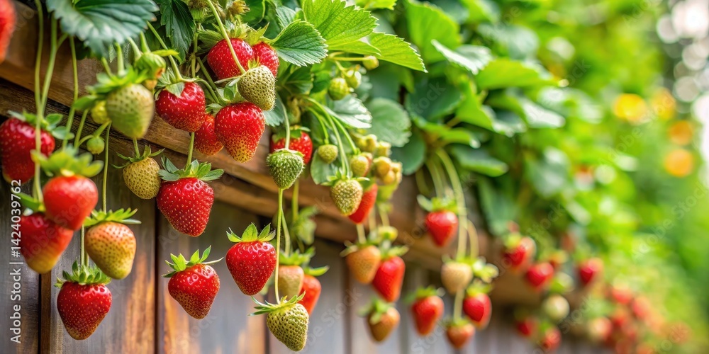 Obraz premium Vertical strawberry garden hanging on a small patio wall with lush green leaves and ripe red strawberries