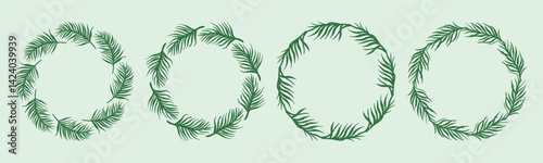 Round palm leaf wreath set. Circular foliage frame. Blank botanical summer template, vector element