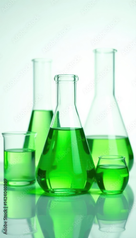 Assortment of glass laboratory containers with vibrant green fluid against white backdrop , photography, flask Assortment of glass laboratory containers with vibrant green fluid against white backdrop , photography, flask