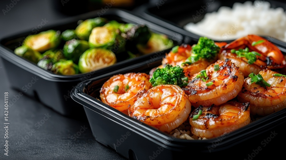 A vibrant display of grilled shrimp served with a side of Brussels sprouts and rice, perfect for a balanced meal or food photography for stock images.