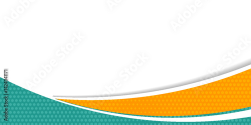 Curved abstract background with teal and orange layers, dotted patterns, and smooth white spac, ideal for presentations, banners, or digital templates.