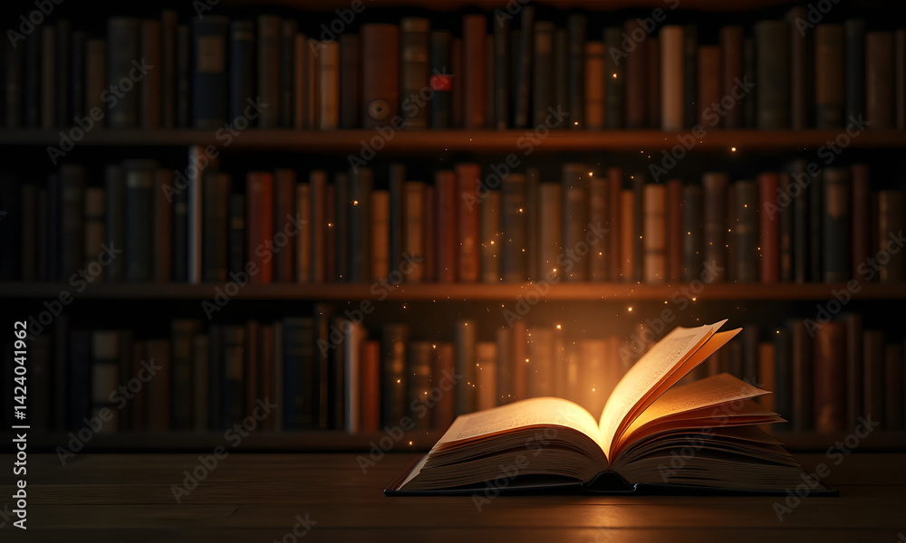 Fototapeta premium Open magical book glowing softly on a dark wooden table in a vintage library