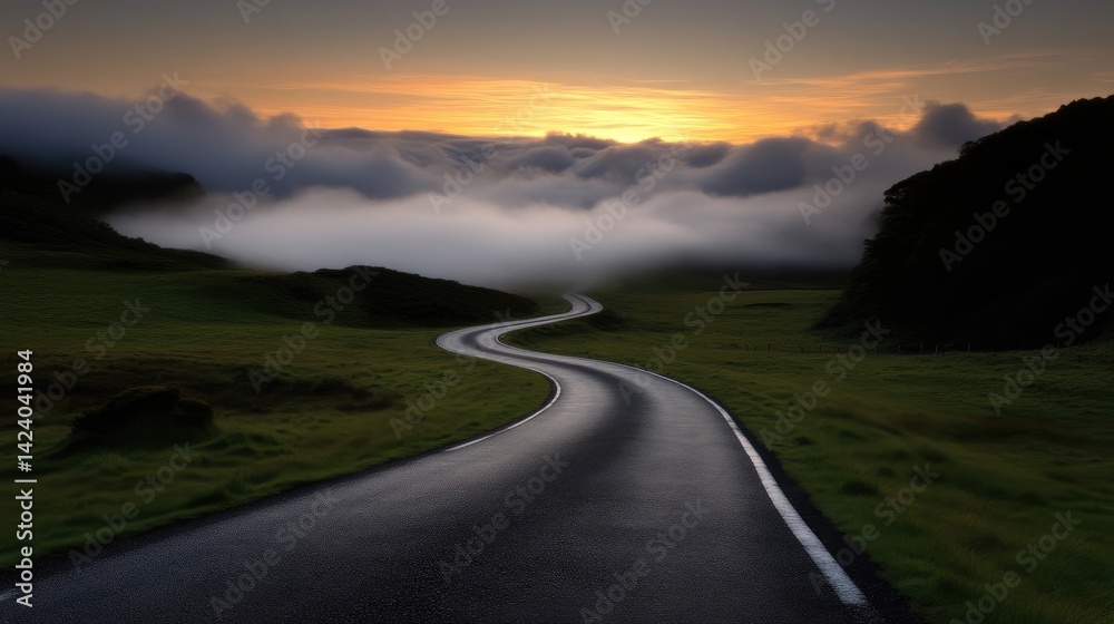 Fototapeta premium Winding asphalt road disappearing into a mystical sunrise landscape shrouded in low-lying clouds.