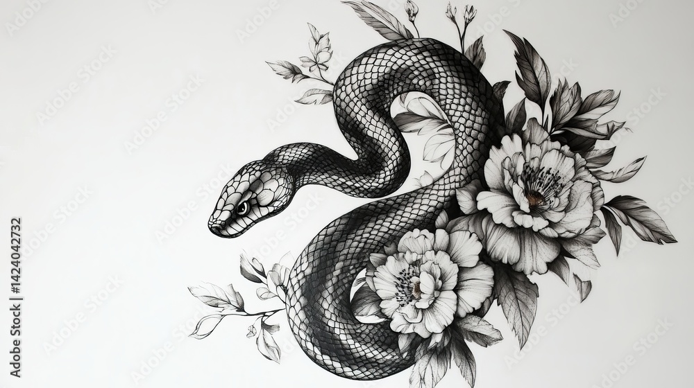 Obraz premium Elegant Monochrome Snake Tattoo Design with Detailed Floral Arrangement Black Ink Botanical Illustration Artistic Serpent Graphic dark wild power 