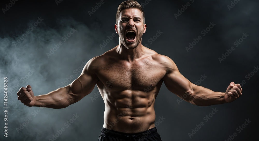 Obraz premium A man poses shirtless, flexing his muscles, in a dynamic stance with clenched fists and a determined facial expression.