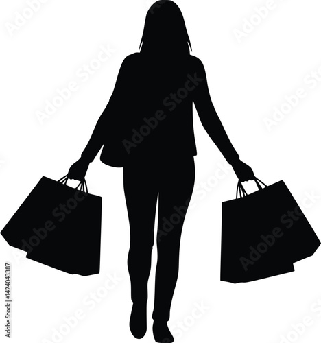 Silhouette of a person walking while carrying multiple shopping bags representing consumerism and retail activity