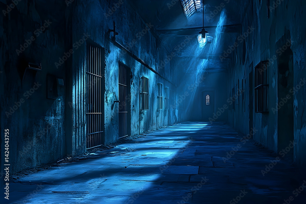 Fototapeta premium Mysterious prison hallway bathed in moonlight.