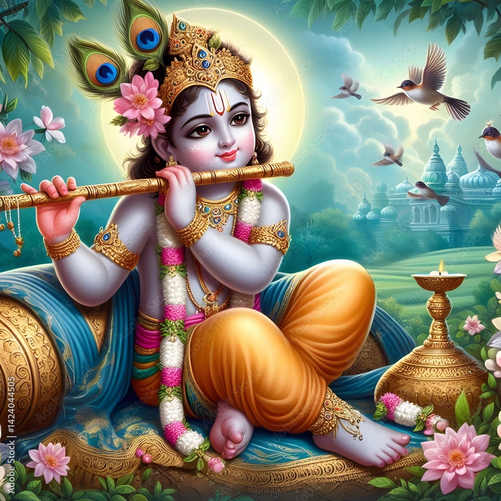 Illustration of lord krishna with fruits in bowl and konna flowers for vishu.
