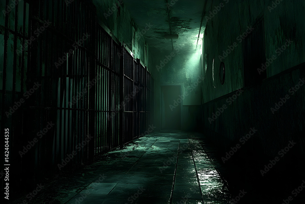 Fototapeta premium A decaying prison corridor, dimly lit by a single light source.