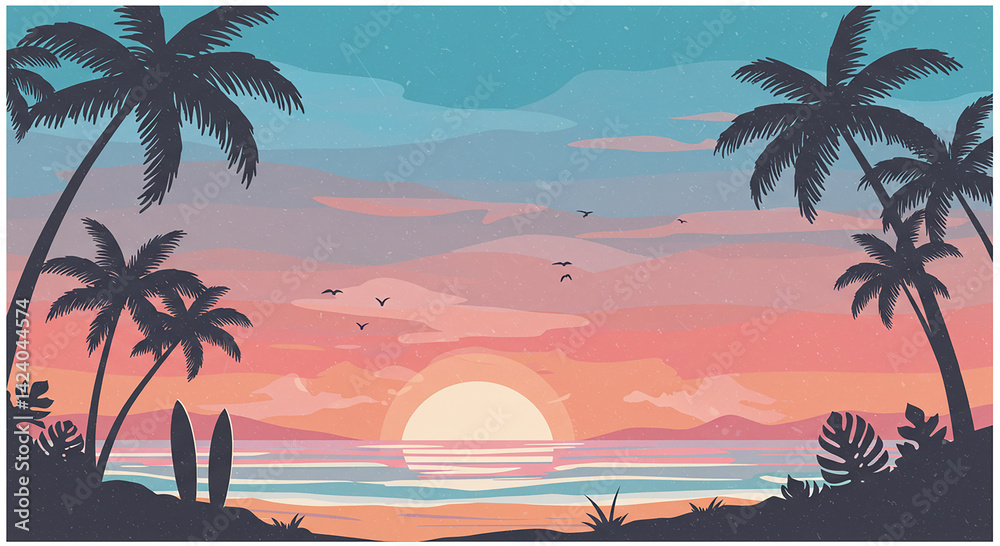 Obraz premium Tropical Beach Sunset with Palm Trees and Surfboards