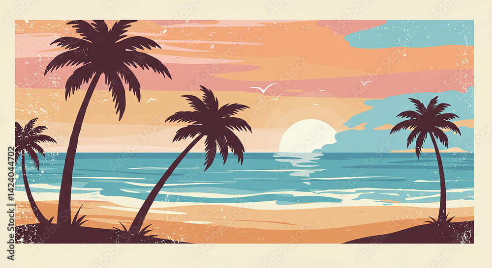 Fototapeta premium Tropical Beach Sunset with Palm Trees and Ocean View