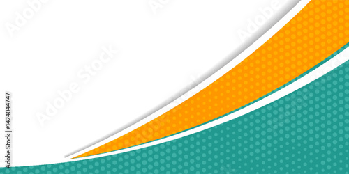 Curved abstract background with teal and orange layers, dotted patterns, and smooth white spac, ideal for presentations, banners, or digital templates.