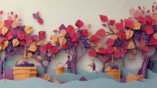 Paper cut illustration of grape harvest with farmers, autumnal scene. Perfect for greeting cards, posters, and seasonal designs.