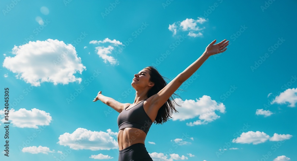 A woman stands with her arms outstretched against a radiant blue sky with white clouds, her eyes closed and a look of joy and serenity on her face.
A woman stands with her arms outstretched against a radiant blue sky with white clouds, her eyes closed and a look of joy and serenity on her face.