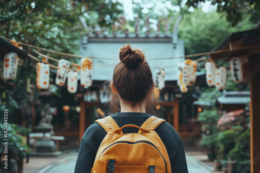 A tourist woman is traveling solo in Tokyo, Japan. Visiting landmarks.