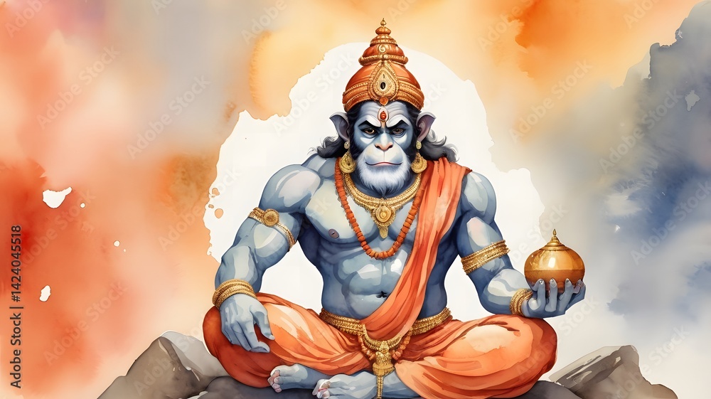 Watercolor lord hanuman portrait.